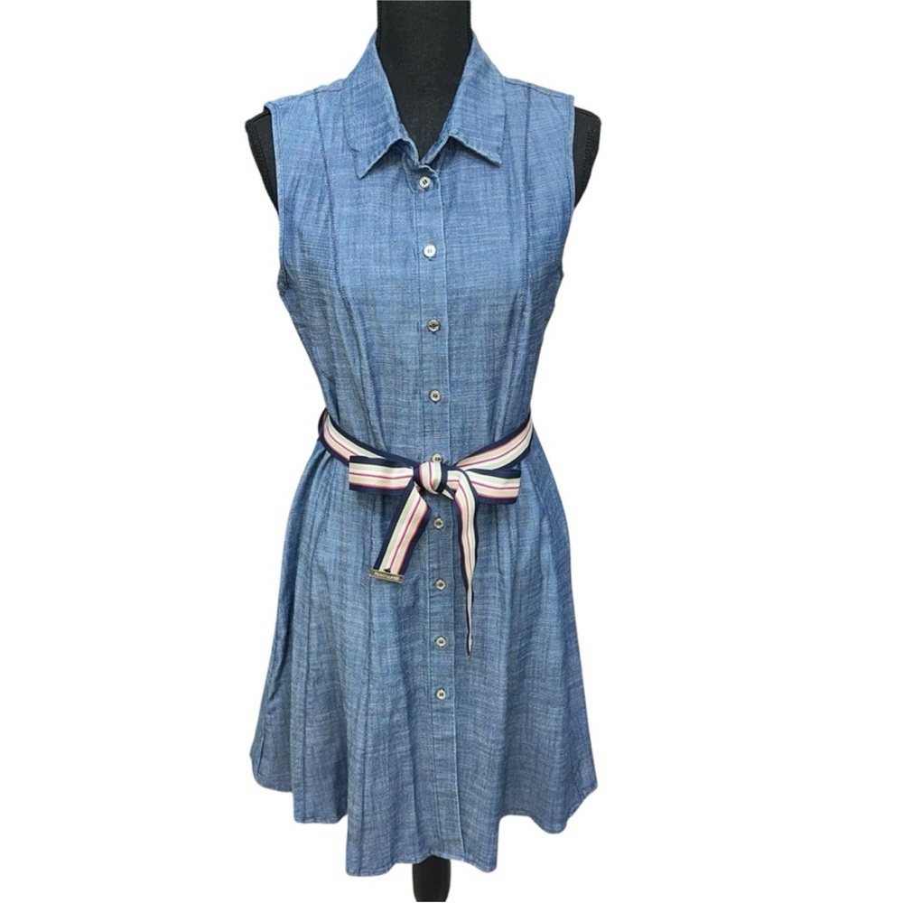 Tommy Hilfiger Denim Blue Sleeveless Dress with Belt - Picture 3 of 10